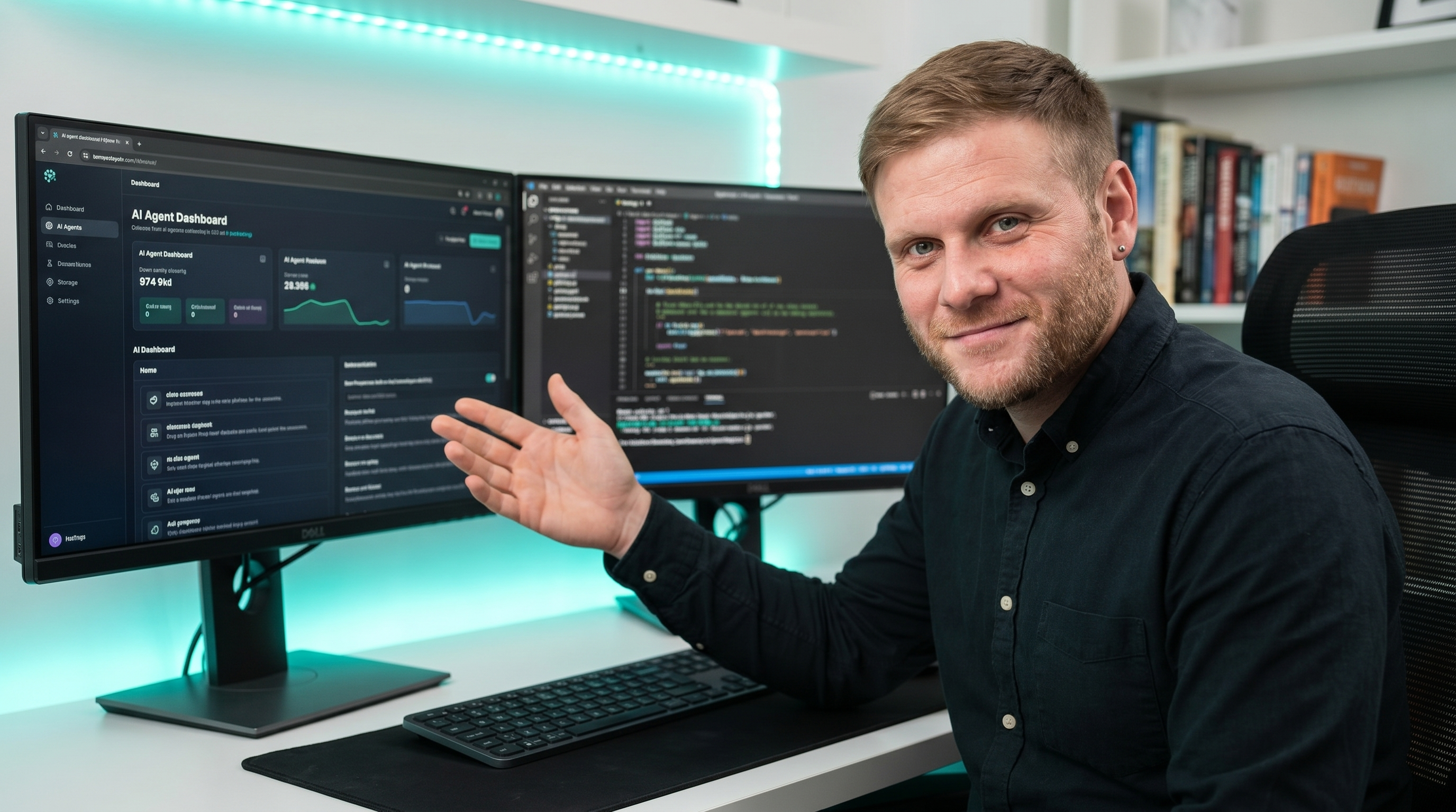 Yaan Batho at his desk with AI agent dashboards, teaching and consulting